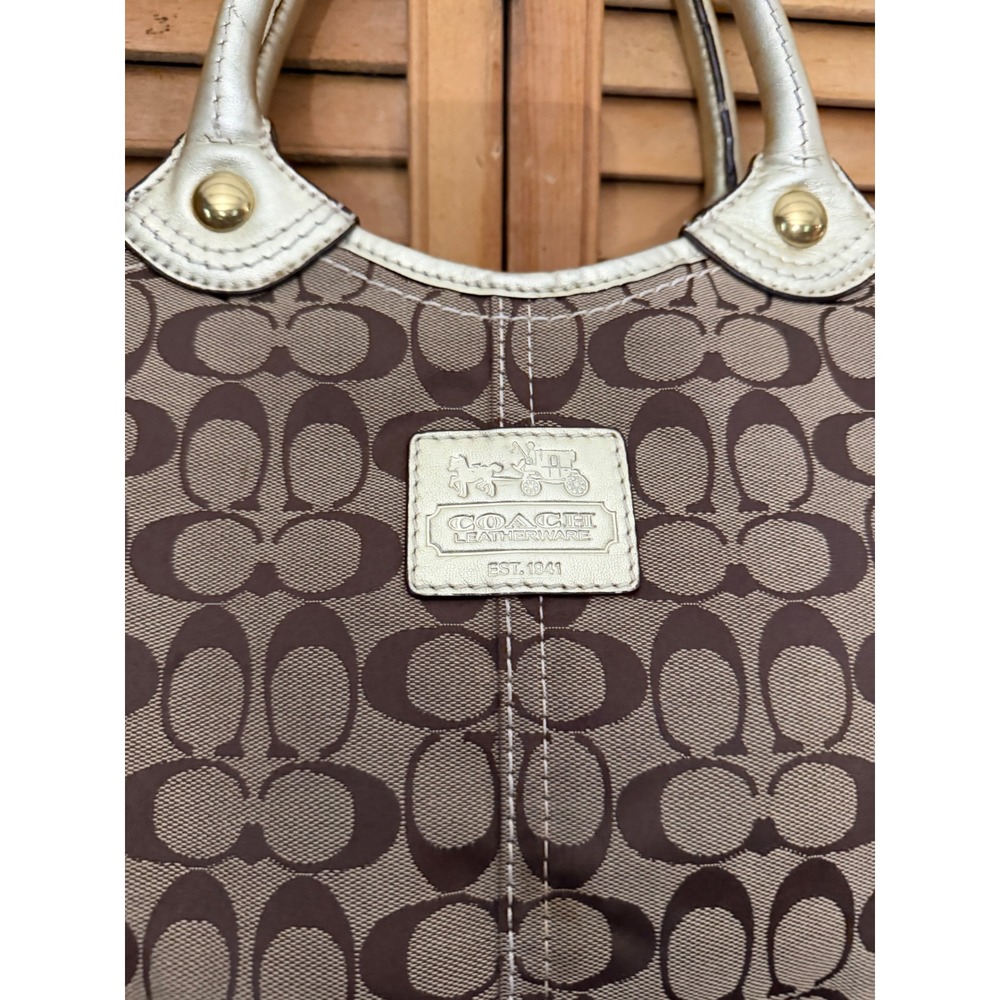 Coach Bleeker Khaki Signature Jacquard/Gold Patent Leather Tote Shoulder Bag - Picture 3 of 11